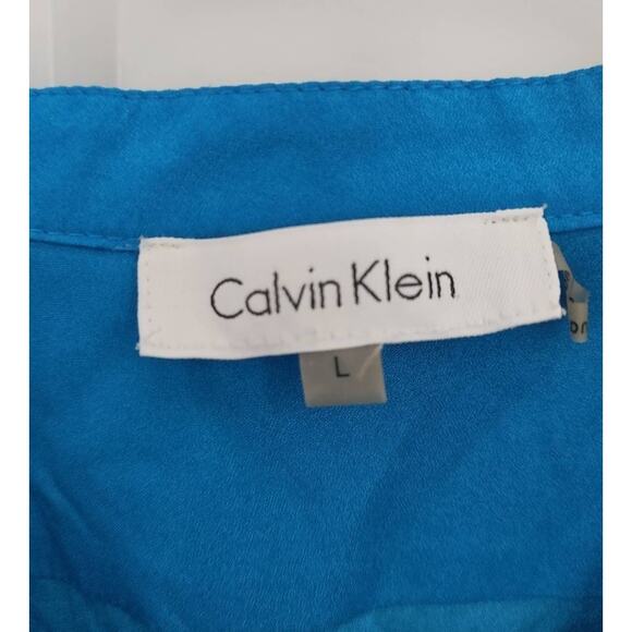 Calvin Klein Button Down Blouse Top Vneck Snake Print Large Blue Black - Picture 2 of 5